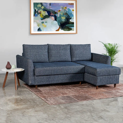 Metis Corner Sofa Bed upholstered in sophisticated Navy Blue Textured Weave Fabric – a modern and stylish choice for any living space - Lifestyle Image