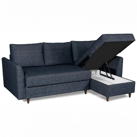 Metis Corner Sofa Bed upholstered in sophisticated Navy Blue Textured Weave Fabric – a modern and stylish choice for any living space - Storage Open