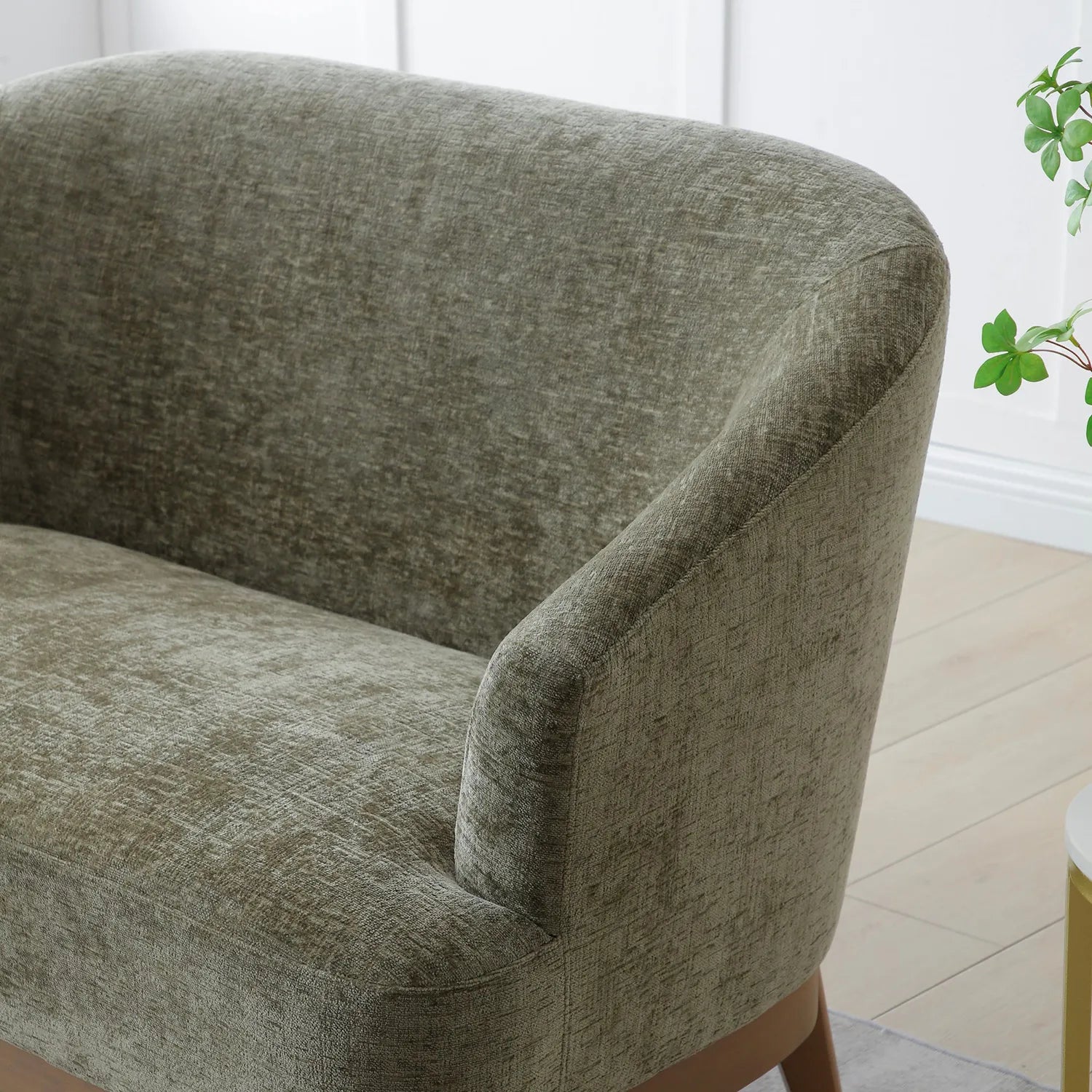 Close Up of Leto Distressed Olive Chenille 2 Seater Chair with Brown Wooden Frame Legs