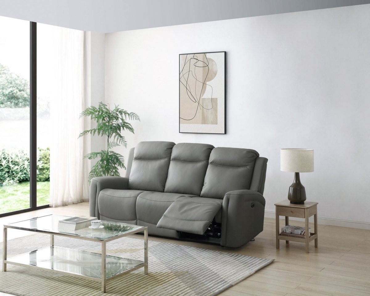 Bentley 3 Seater Grey Leather Electric Recliner Sofa - Pendle Village Furniture