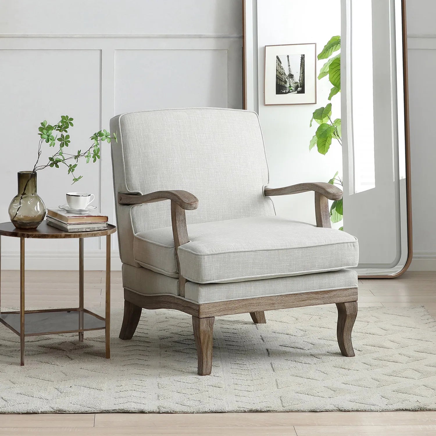 Hastings Traditional Wooden Armchair in Cream Linen or Natural Stripe - Pendle Village Furniture