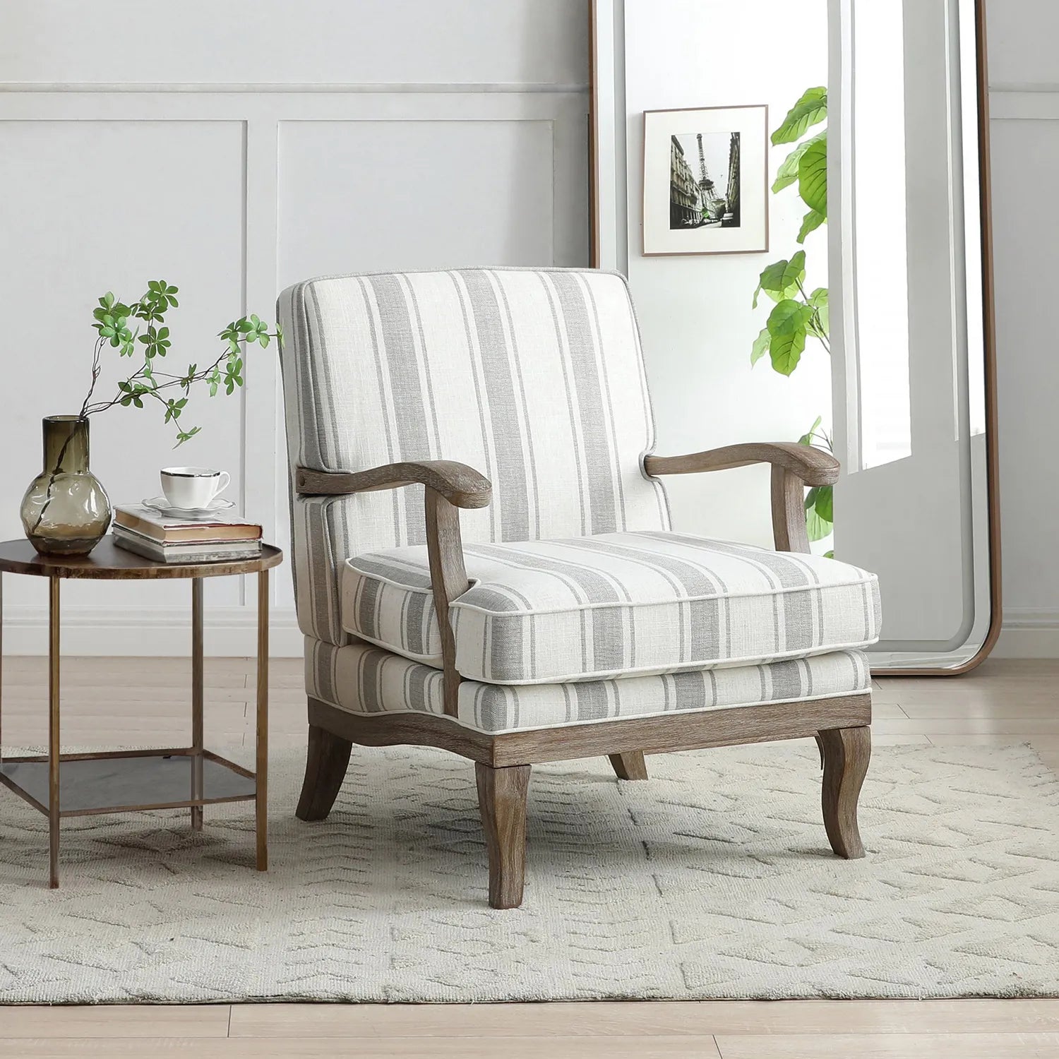 Hastings Traditional Wooden Armchair in Cream Linen or Natural Stripe - Pendle Village Furniture
