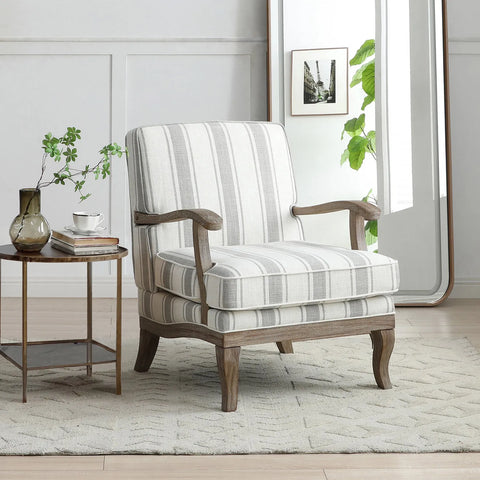 Hastings Traditional Wooden Armchair in Cream Linen or Natural Stripe - Pendle Village Furniture