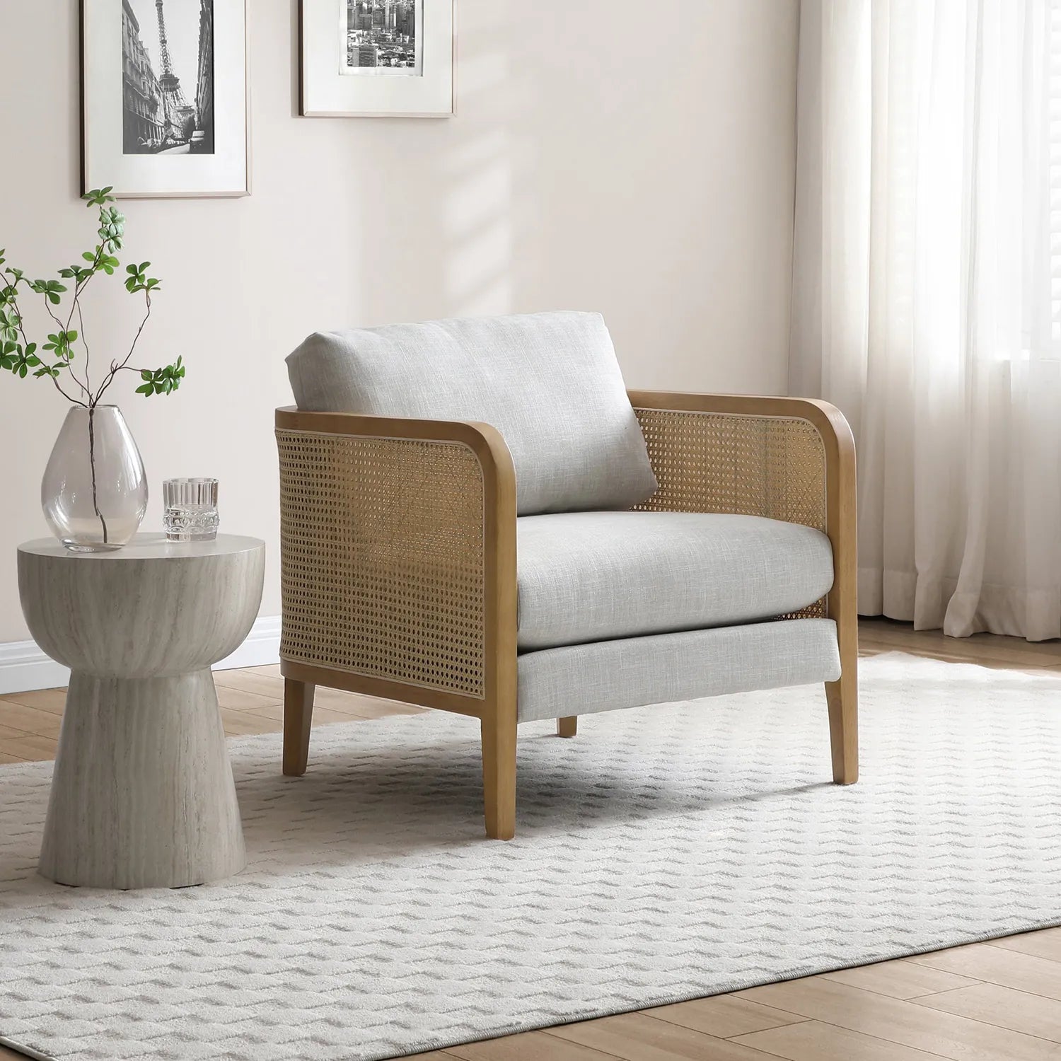 Aurora Cream Rattan Armchair with Linen Seat - Pendle Village Furniture