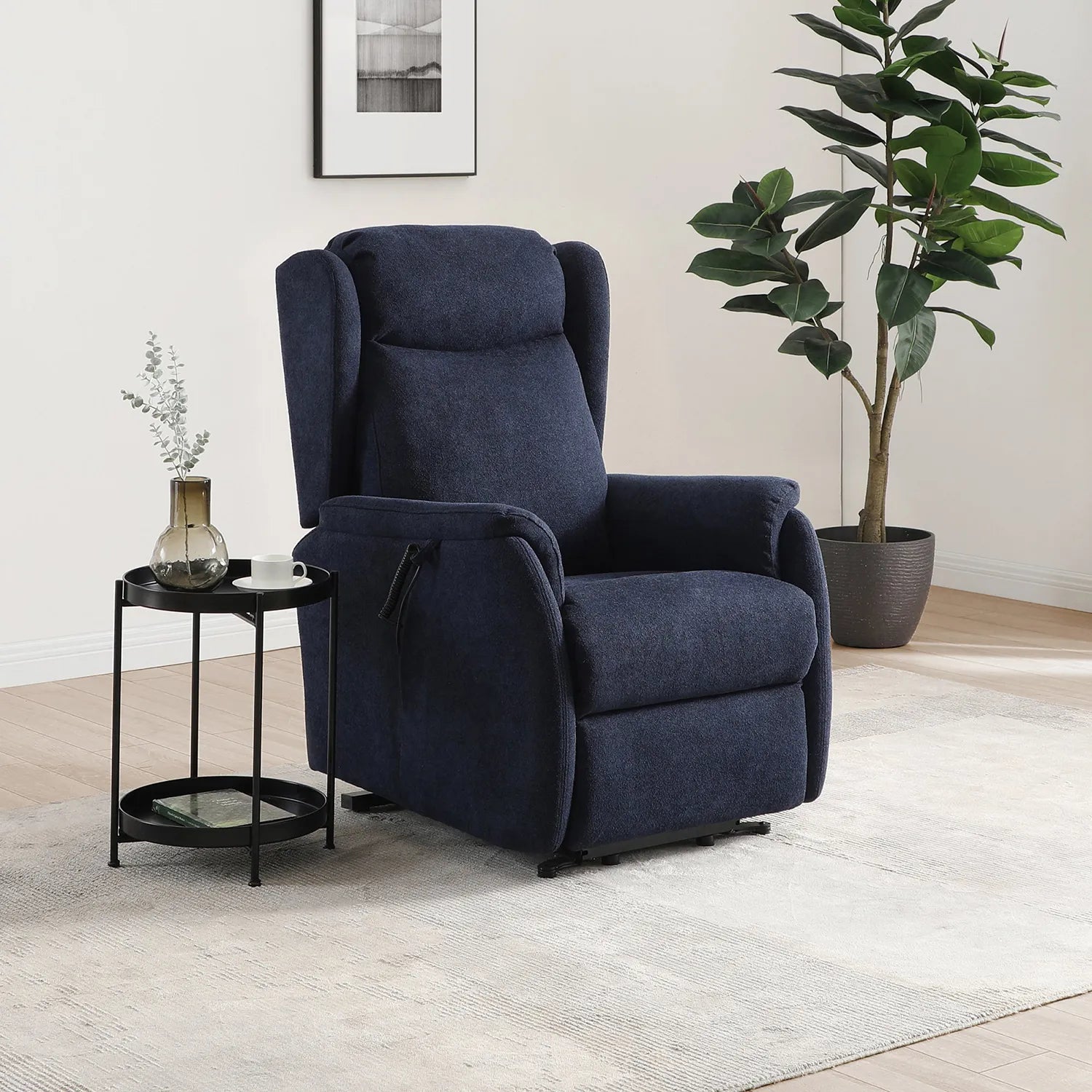 Finn Navy Fabric Dual Motor Rise Recline Chair - Pendle Village Furniture