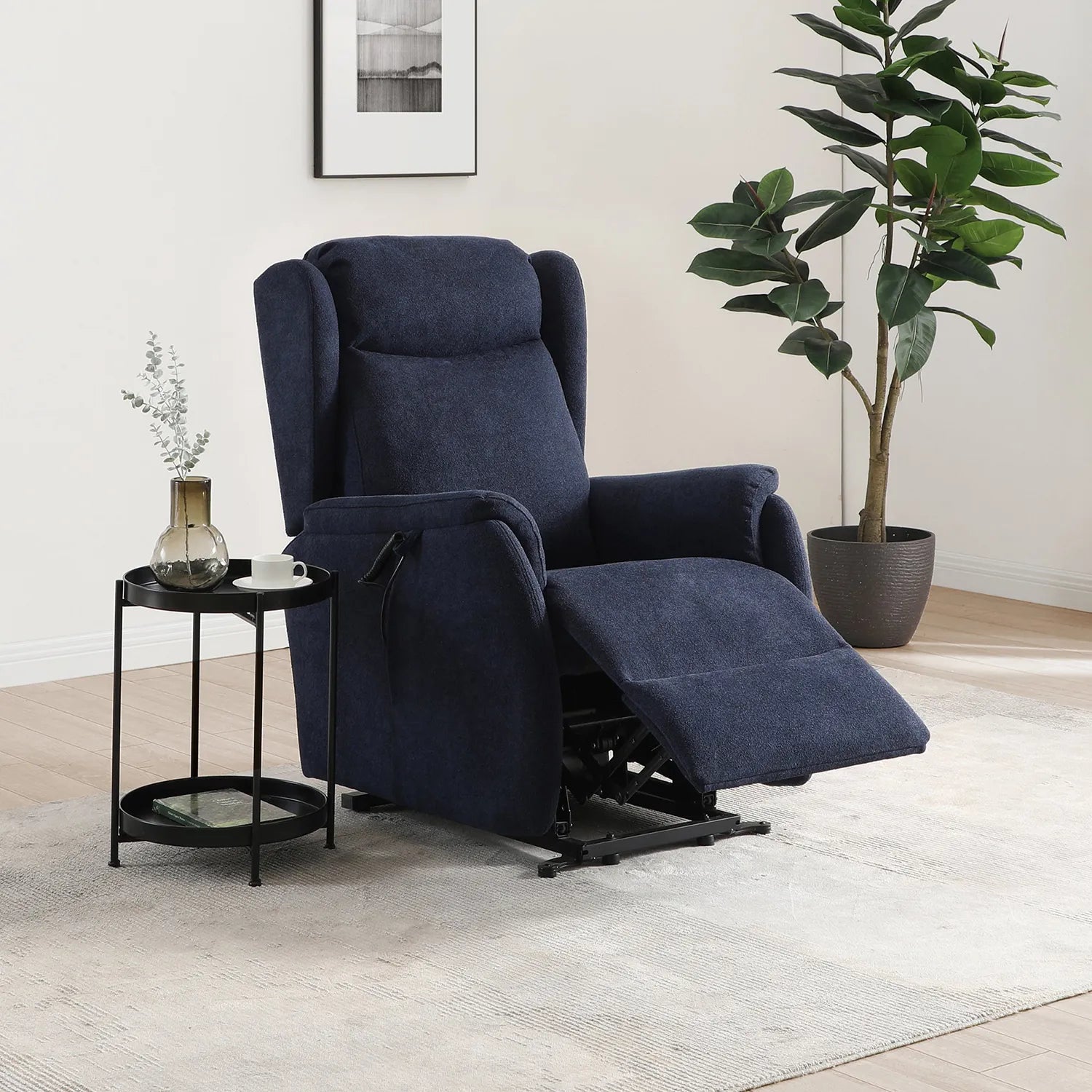 Finn Navy Fabric Dual Motor Rise Recline Chair - Pendle Village Furniture
