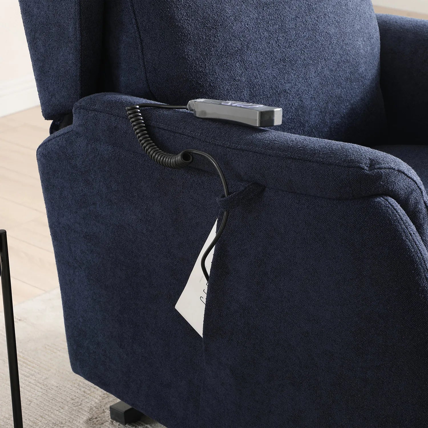 Finn Navy Fabric Dual Motor Rise Recline Chair - Pendle Village Furniture