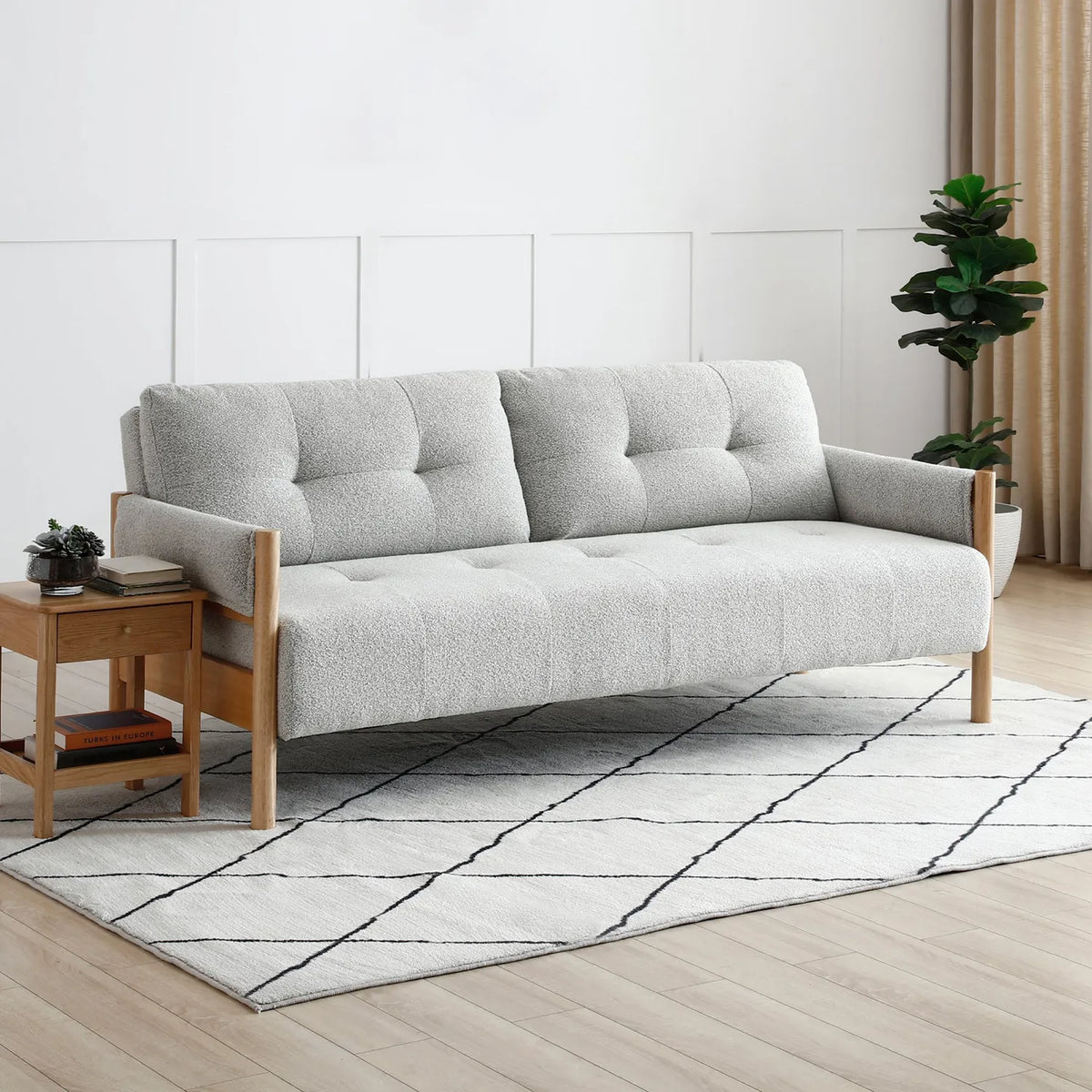 Kim Grey Fabric Sofa Bed with Wooden Arms - Pendle Village Furniture
