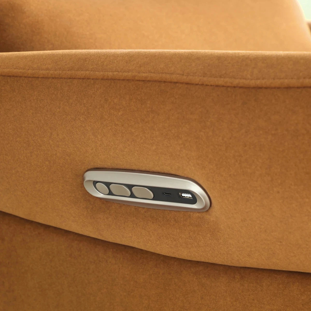 Electric recliner chair in ochre fabric upholstery
