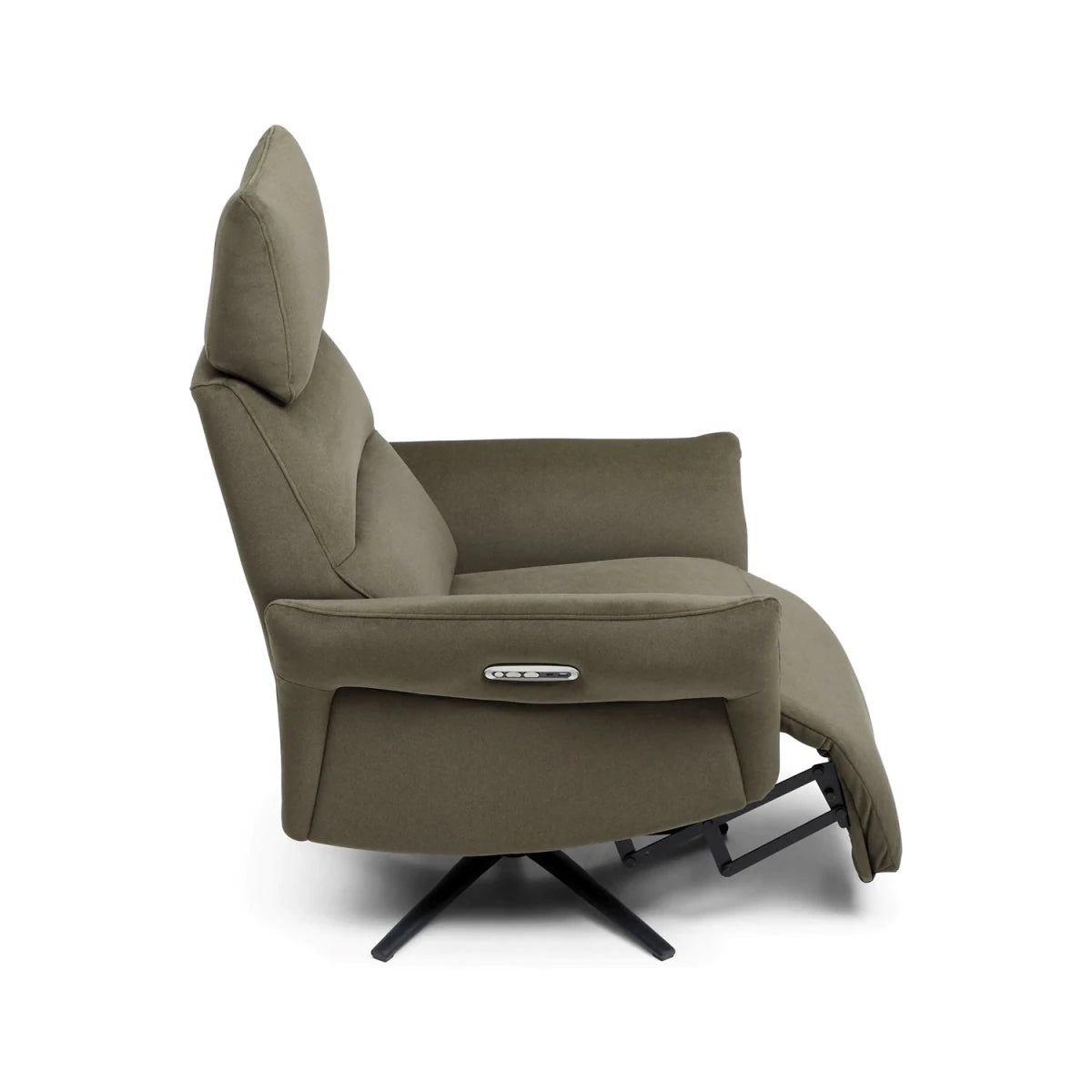 Electric recliner chair in washed olive upholstery