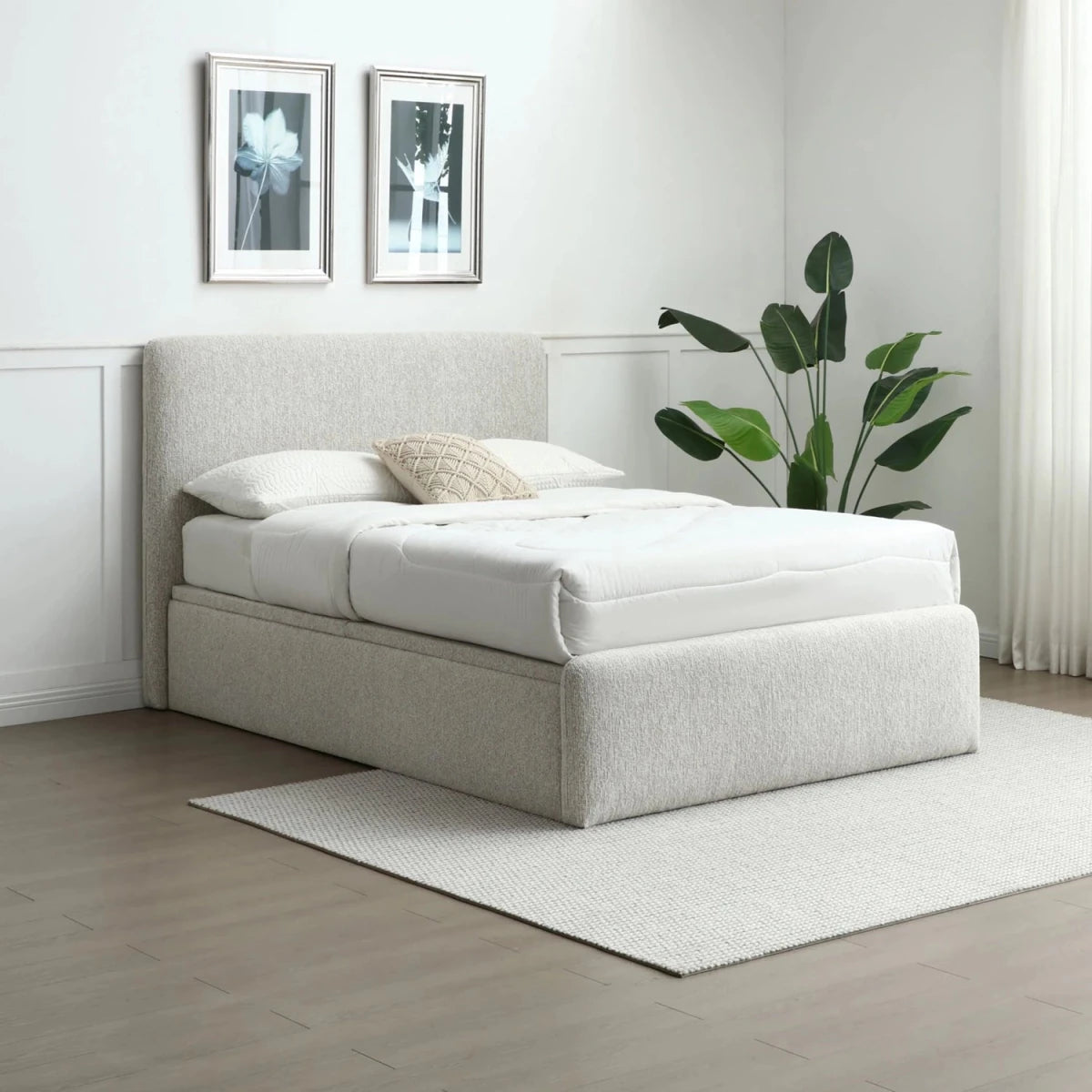 Shop the Bella Natural chenille ottoman bed with a bold square headboard, solid deck base and generous end-opening storage. Double, King or Super King.