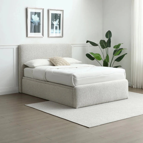 Shop the Bella Natural chenille ottoman bed with a bold square headboard, solid deck base and generous end-opening storage. Double, King or Super King.