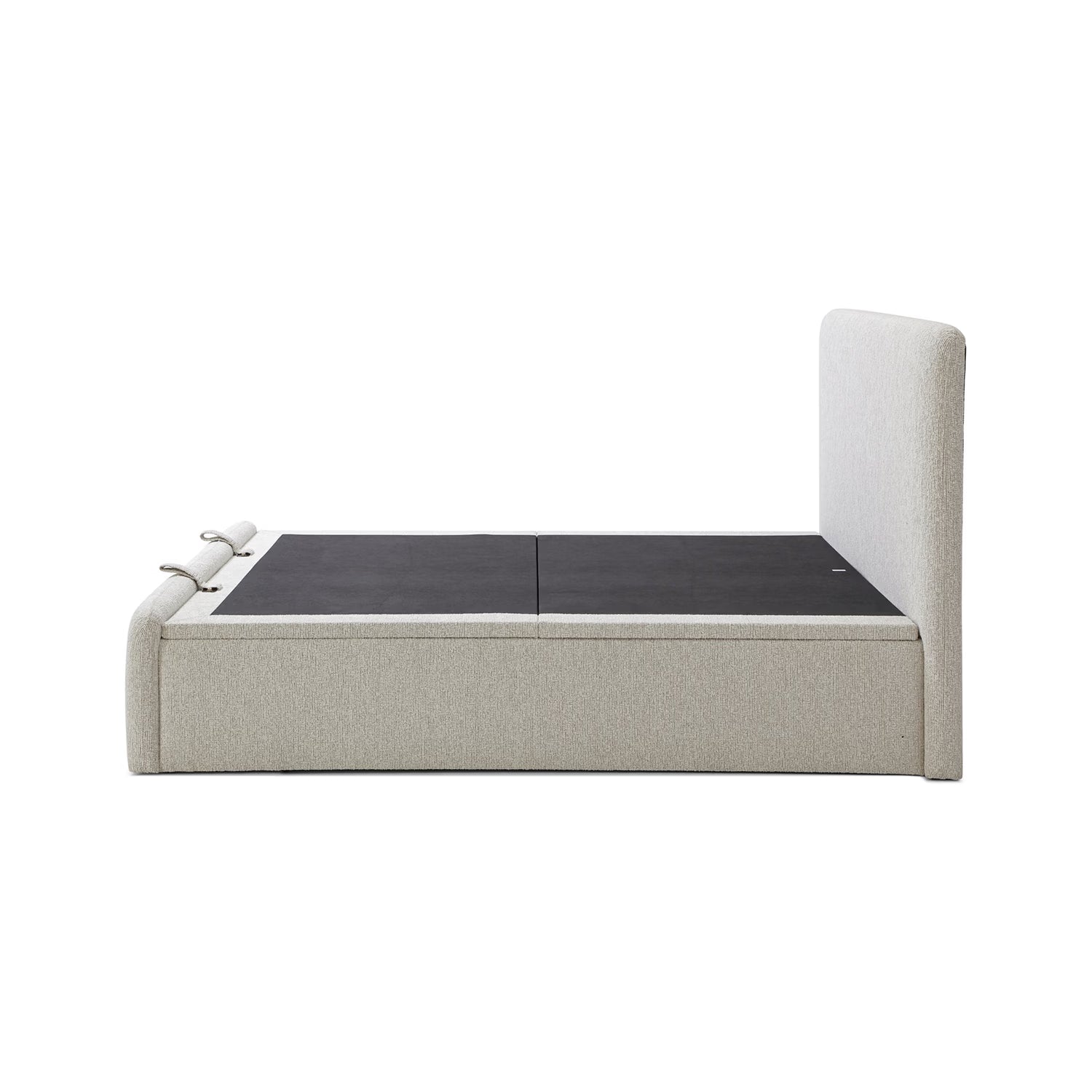 Bella Natural Textured Woven Chenille Fabric Ottoman Bed frame with a tall headboard and low footboard, shown from the side against a plain white background. The frame is upholstered in a light beige textured fabric, with a dark charcoal gray mattress or mattress topper on top.