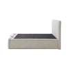Bella Natural Textured Woven Chenille Fabric Ottoman Bed frame with a tall headboard and low footboard, shown from the side against a plain white background. The frame is upholstered in a light beige textured fabric, with a dark charcoal gray mattress or mattress topper on top.