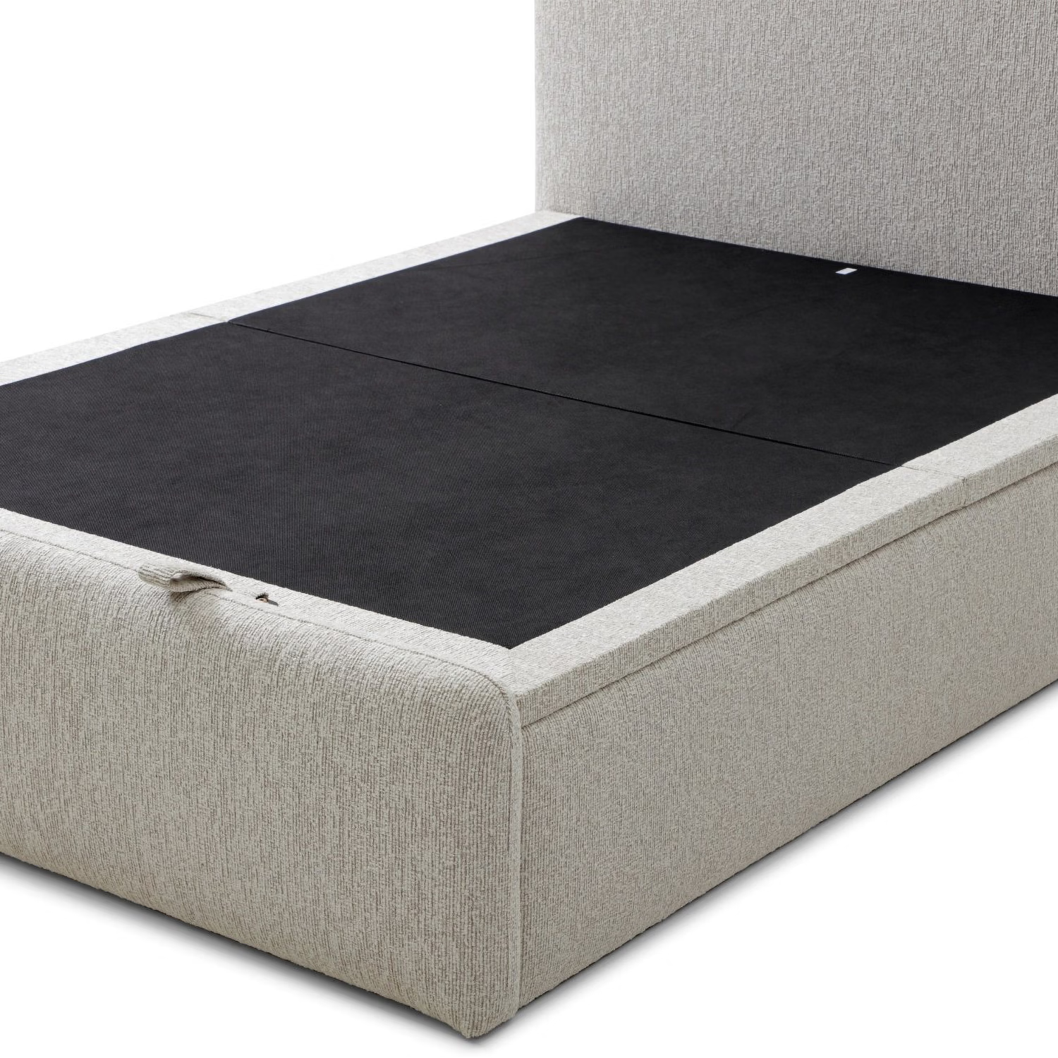 Natural Upholstered Bed with End Opening Ottoman Storage with a black mattress or mattress topper on a white studio background.
