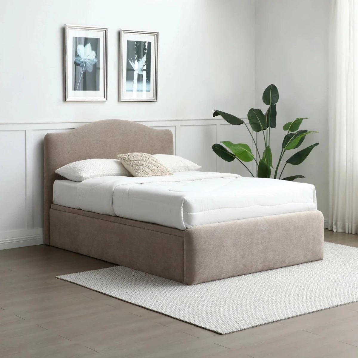 Shop the Usher end lift ottoman bed with curved headboard and hidden storage. Choose Rhea Grey or Taupe chenille in Double, King or Super King.