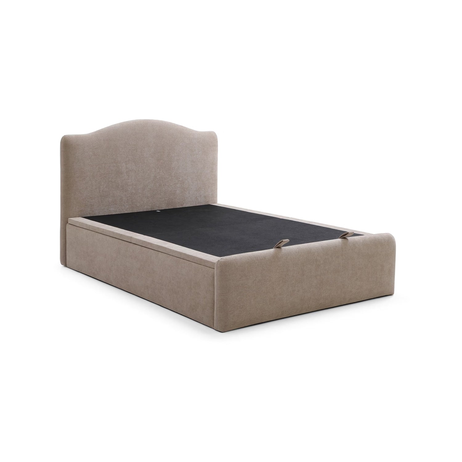An upholstered storage bed frame with a tall curved headboard, upholstered in a textured light beige fabric, shown with the dark mattress removed to display the storage compartment.