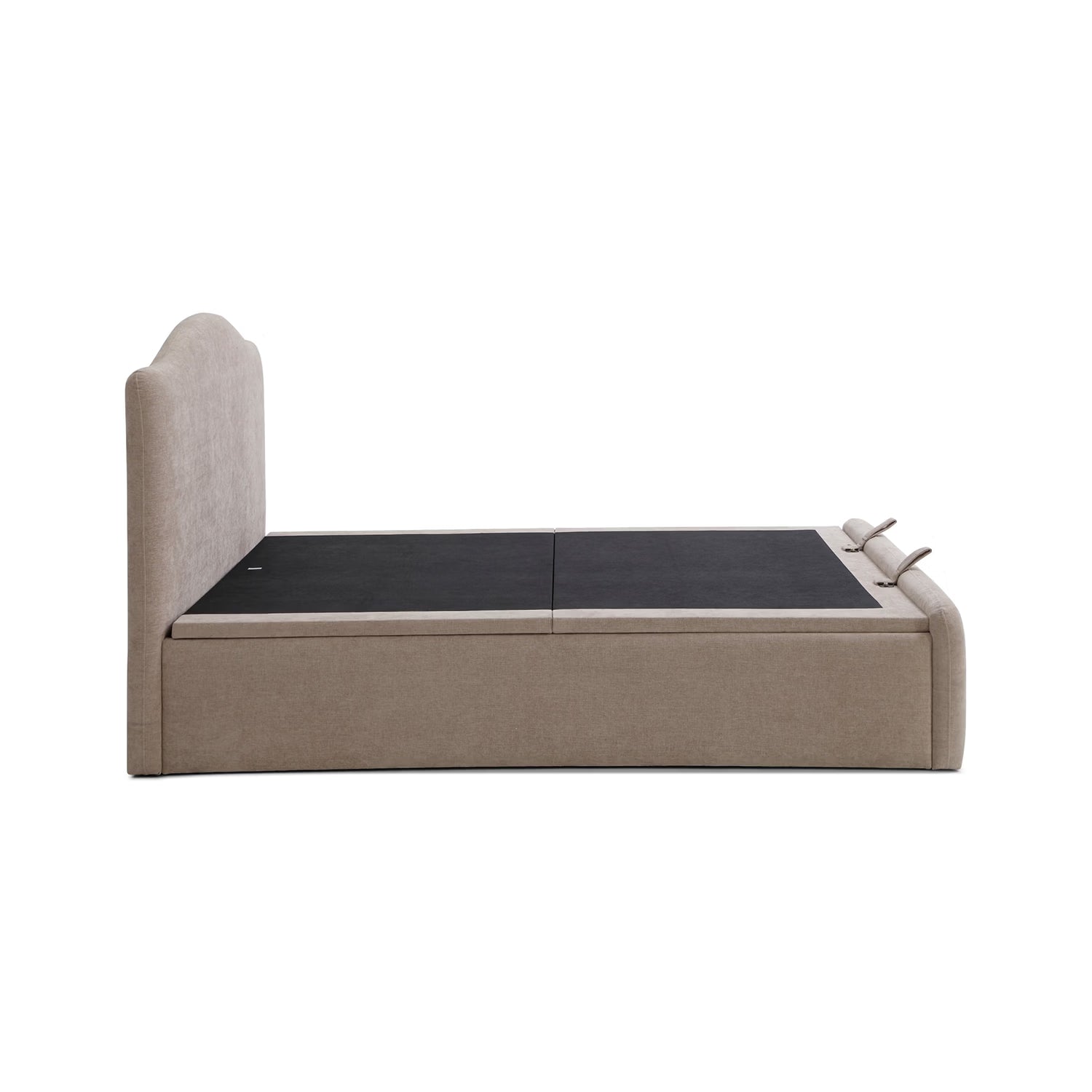 A modern upholstered storage bed frame shown from the side against a plain white background. The bed features a light beige fabric headboard and base frame with a black mattress platform on top.