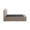 A modern upholstered storage bed frame shown from the side against a plain white background. The bed features a light beige fabric headboard and base frame with a black mattress platform on top.
