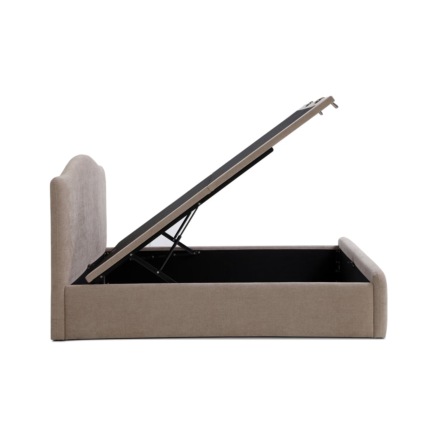 A side-view Usher Beige Fabric Upholstered End Lift Ottoman Bed with Curved Headboard with its gas-lifted headboard open, showing the dark interior compartment, on a solid white background.