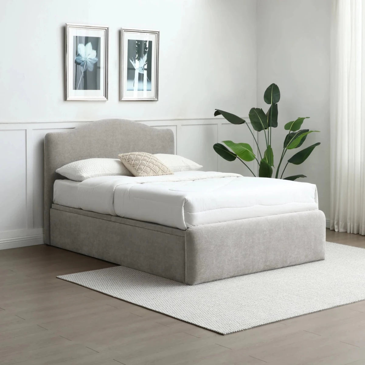Usher Grey Chenille Fabric Upholstered End Lift Ottoman Bed with Curved Headboard