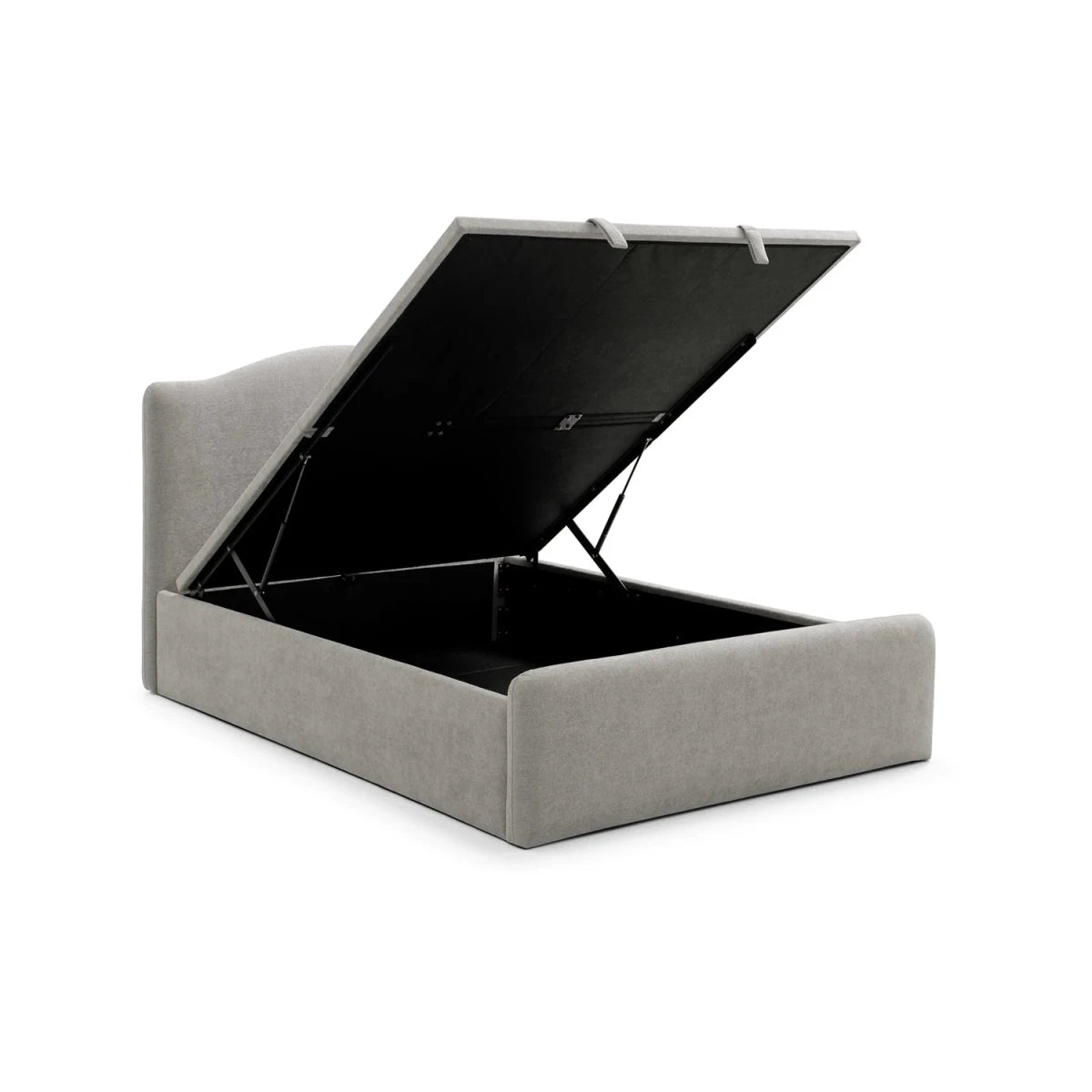 A light gray upholstered storage bed with the lift-up lid open, showing the dark interior storage compartment, on a white background.
