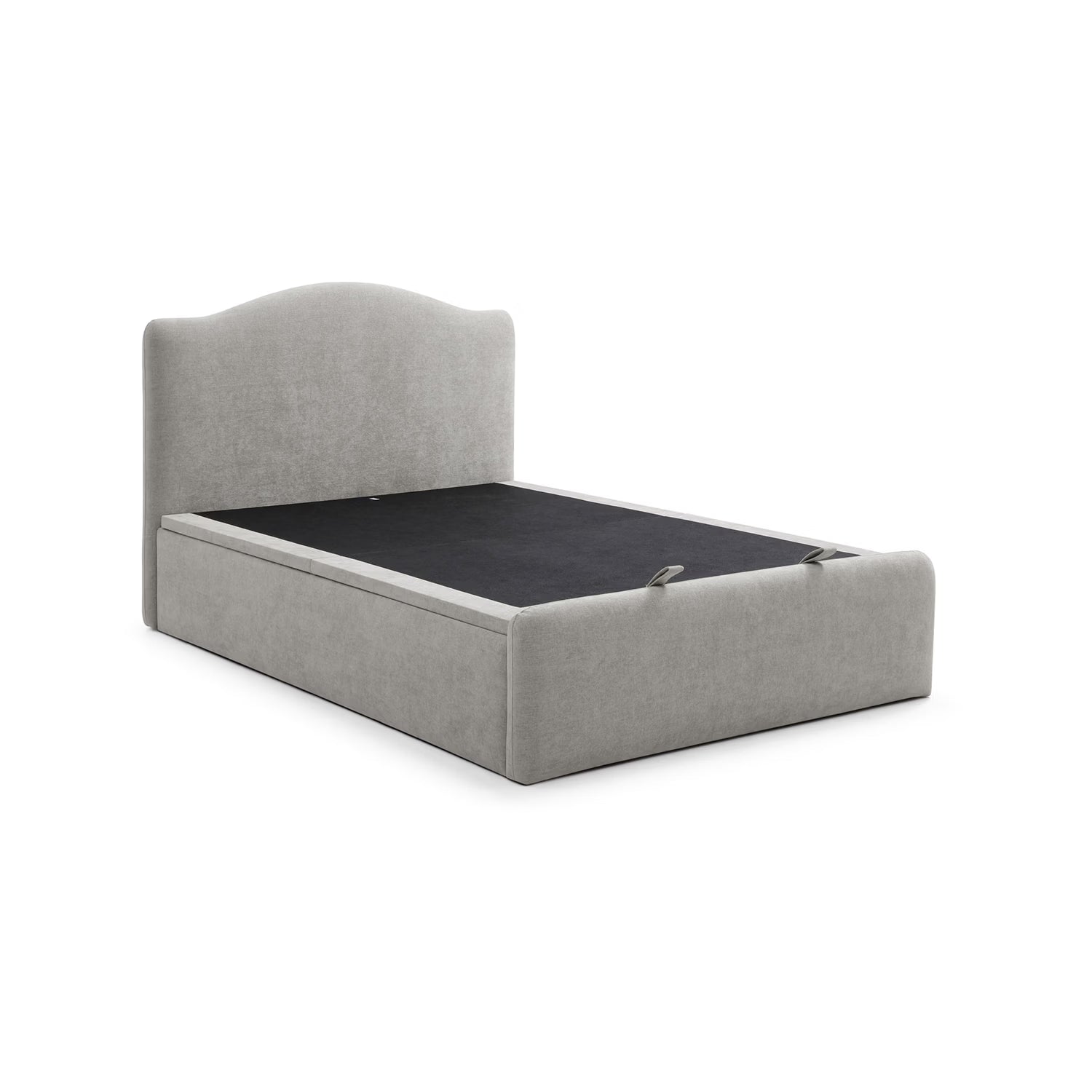 A light gray upholstered storage bed frame with a curved headboard and a dark mattress support platform, shown on a plain white background.
