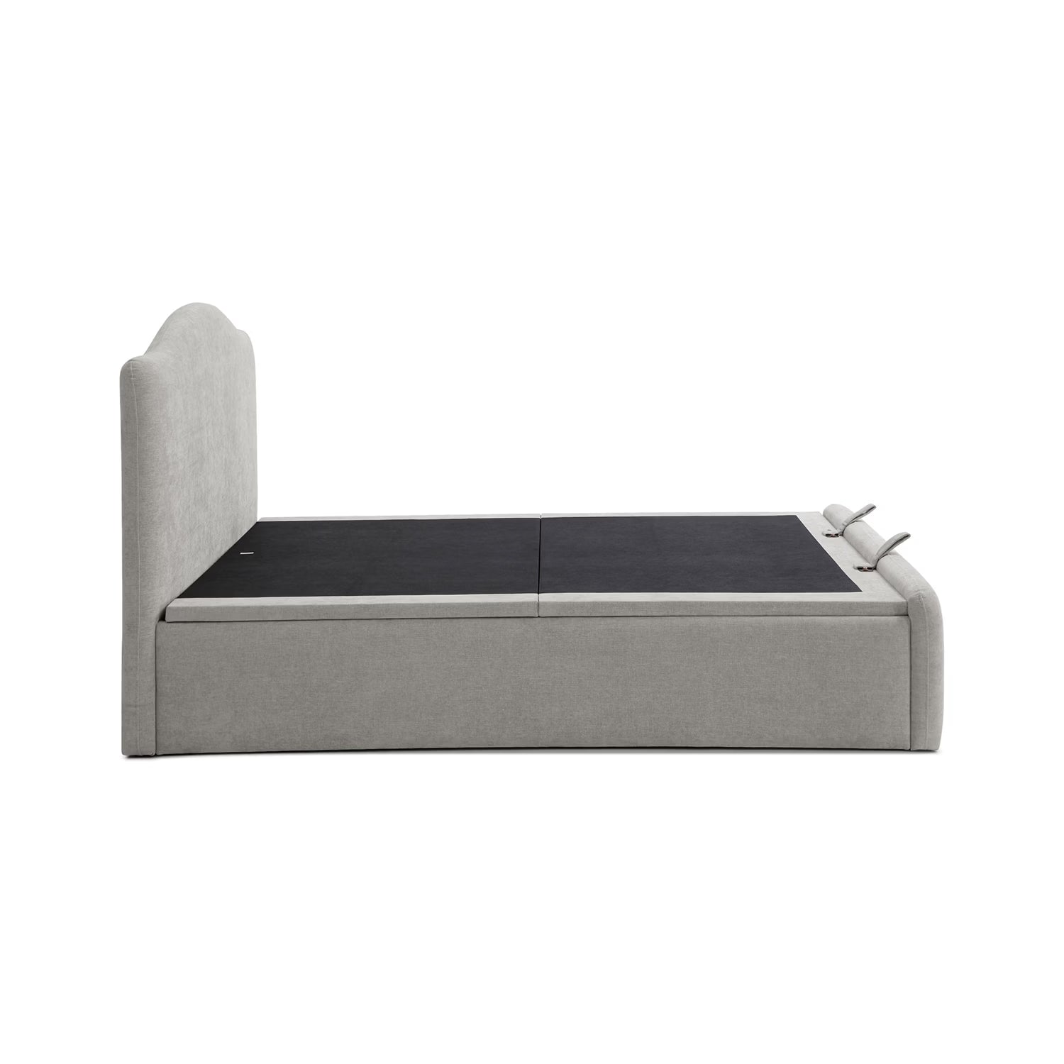 A modern upholstered bed frame in light gray fabric, shown from the side against a plain white background. The headboard is tall and arched, and the bed frame has a dark charcoal-colored mattress or mattress cover on the bed surface.