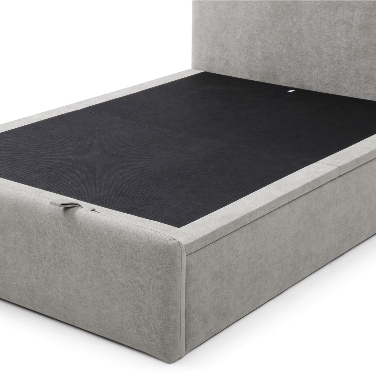 A modern platform bed frame with a light gray upholstered headboard and side rails, shown with a black mattress or mattress protector on a white background.