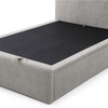 A modern platform bed frame with a light gray upholstered headboard and side rails, shown with a black mattress or mattress protector on a white background.