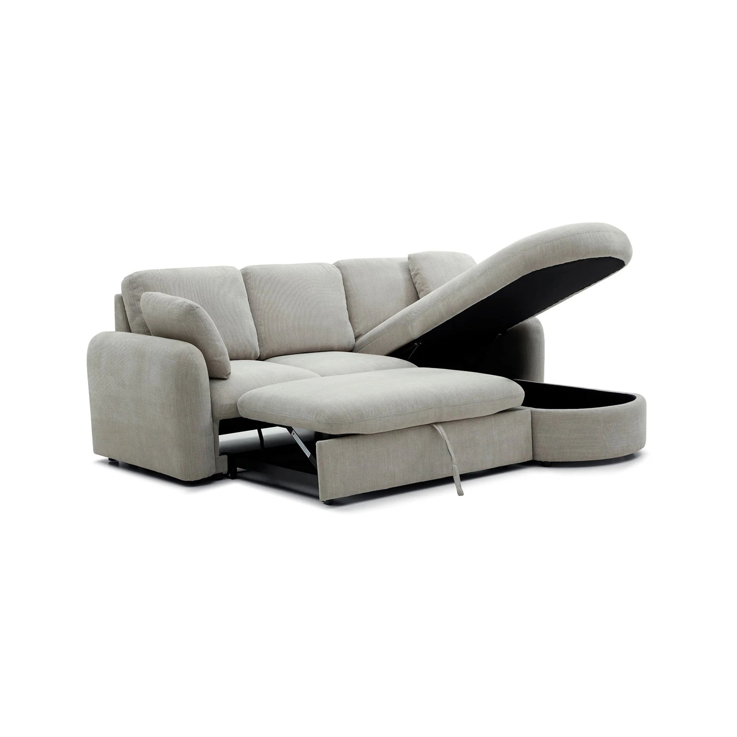 Mayfair Taupe Chenille Corner Sofa Bed RHF Chaise with Storage extended to Bed