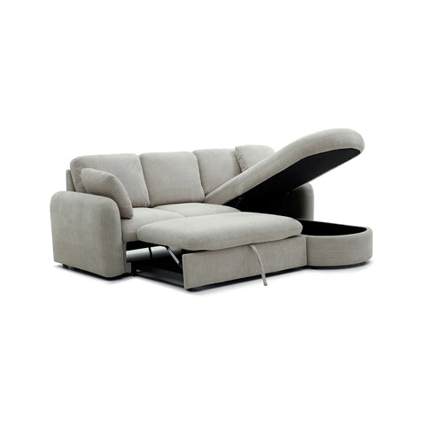 Mayfair Taupe Chenille Corner Sofa Bed RHF Chaise with Storage extended to Bed