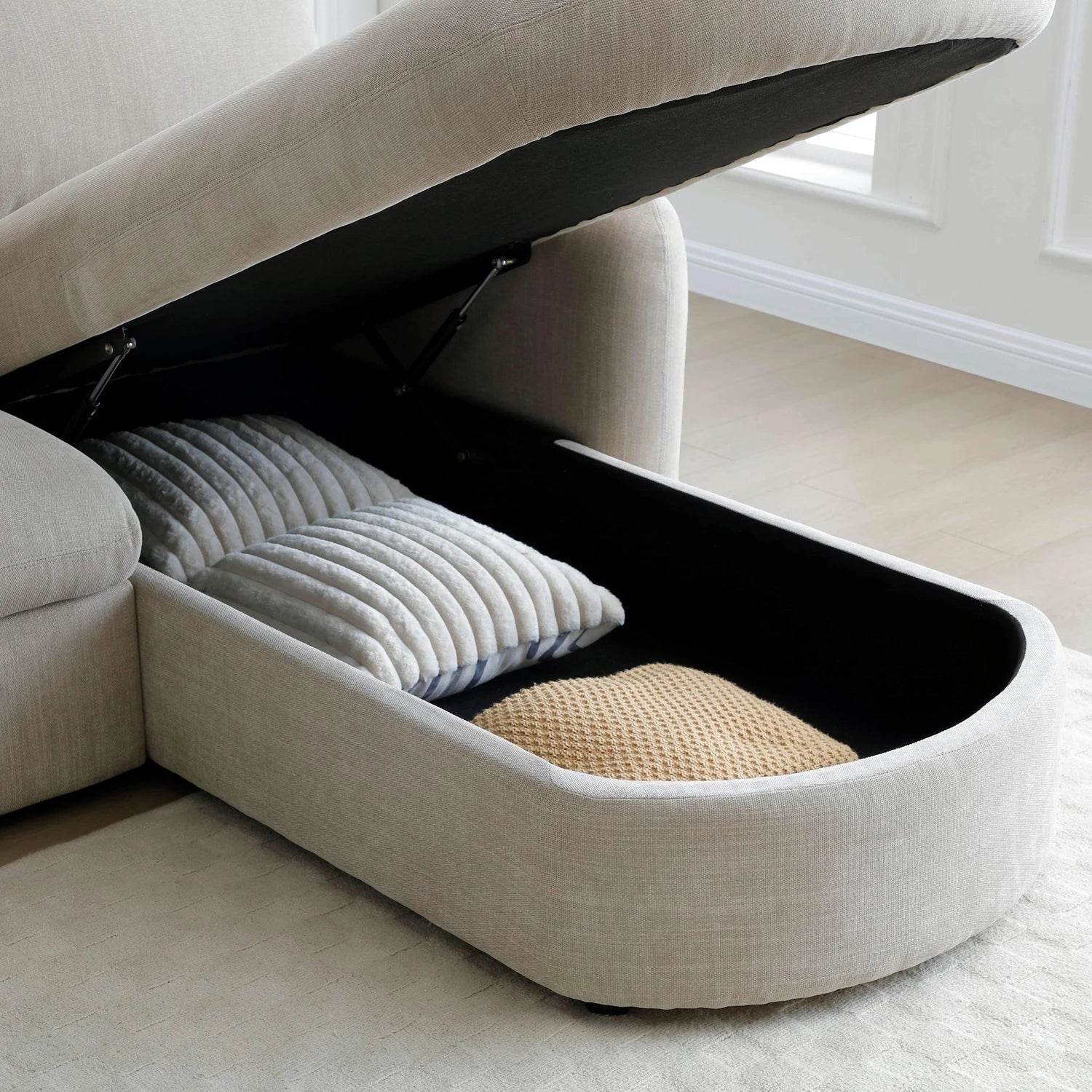 Open Storange chaise of Mayfair Taupe Chenille Corner Sofa Bed RHF Chaise 