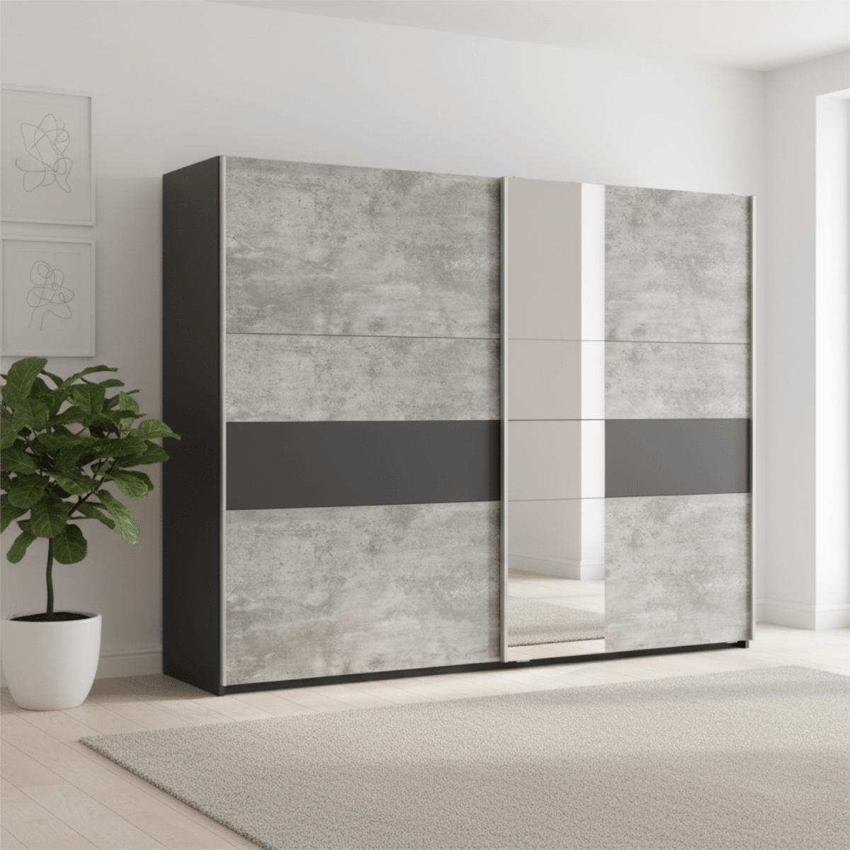 261cm grey sliding wardrobe with mirror panels, 3 compartments and modern design. Spacious, stylish and in stock for quick delivery.