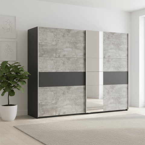 261cm grey sliding wardrobe with mirror panels, 3 compartments and modern design. Spacious, stylish and in stock for quick delivery.