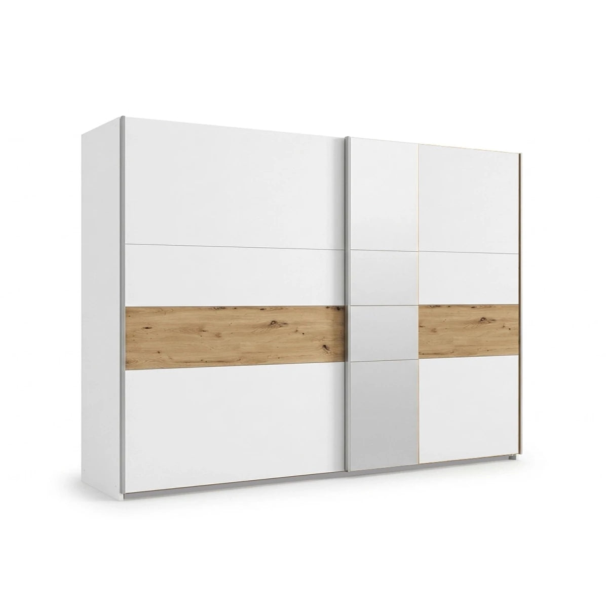 White wardrobe with wooden panels on a white background