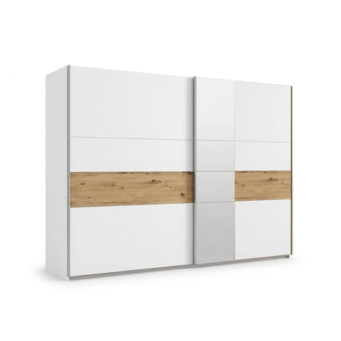 White wardrobe with wooden panels on a white background