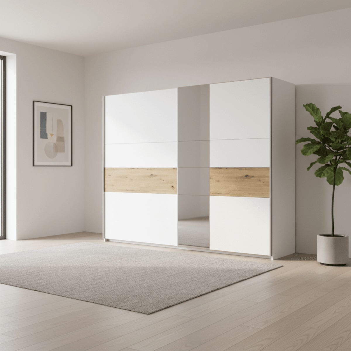 Modern sliding wardrobe with white and wood panel design in a minimalistic room.