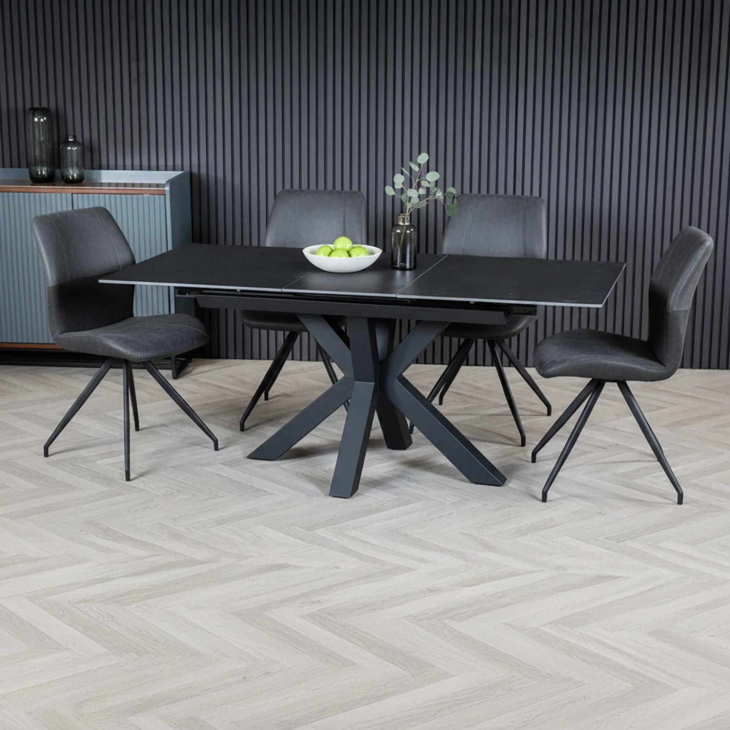 Kastonia Vik Dark Grey 1.4–1.8M Dining Table with 4 Swivel Chairs - Pendle Village Furniture