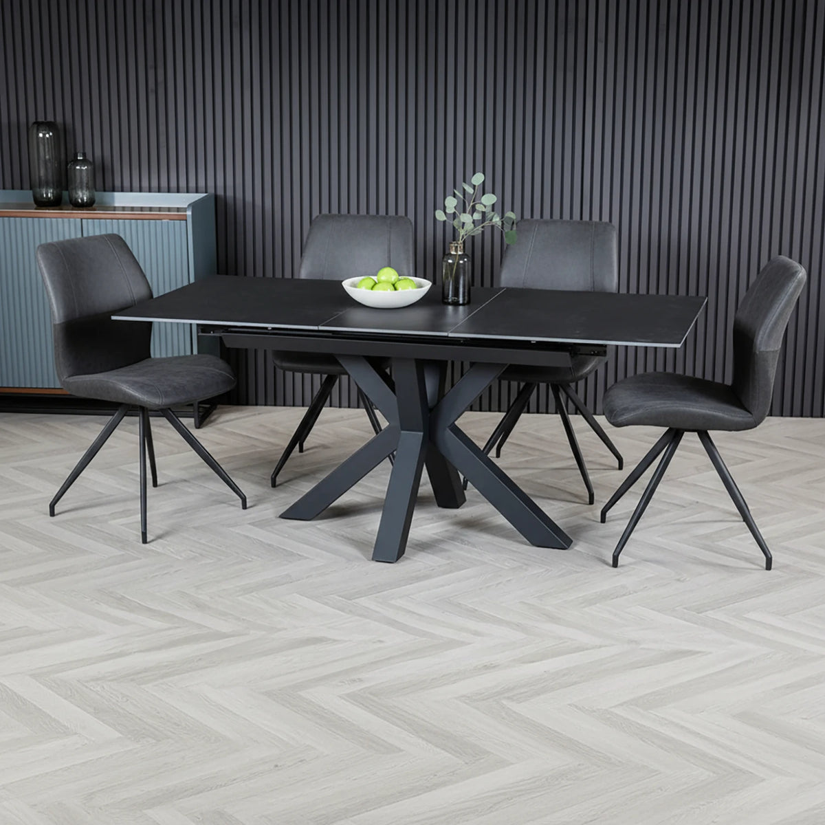Kastonia Vik Dark Grey 1.4–1.8M Dining Table with 4 Swivel Chairs - Pendle Village Furniture