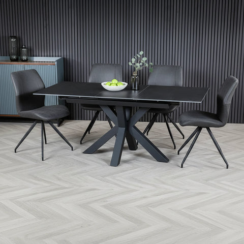 Kastonia Vik Dark Grey 1.4–1.8M Dining Table with 4 Swivel Chairs - Pendle Village Furniture