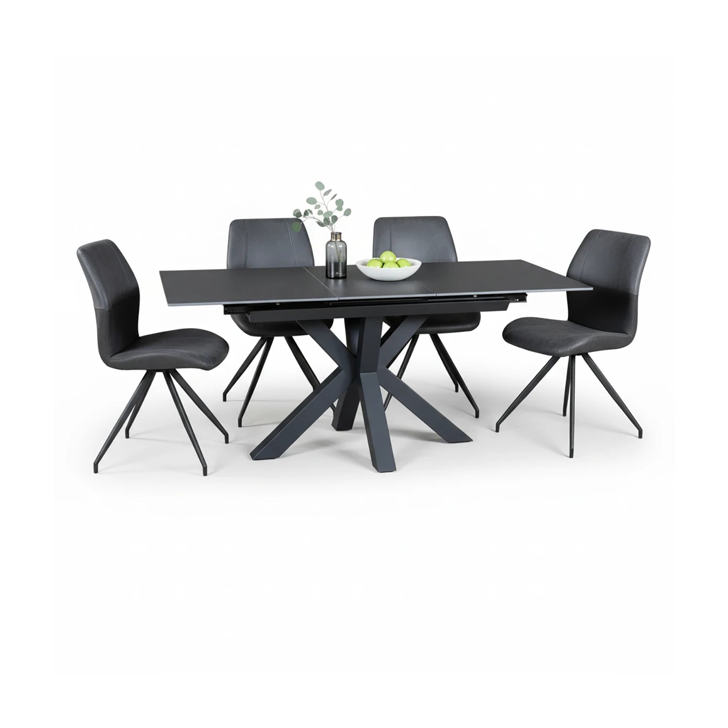 Kastonia Vik Dark Grey 1.4–1.8M Dining Table with 4 Swivel Chairs - Pendle Village Furniture