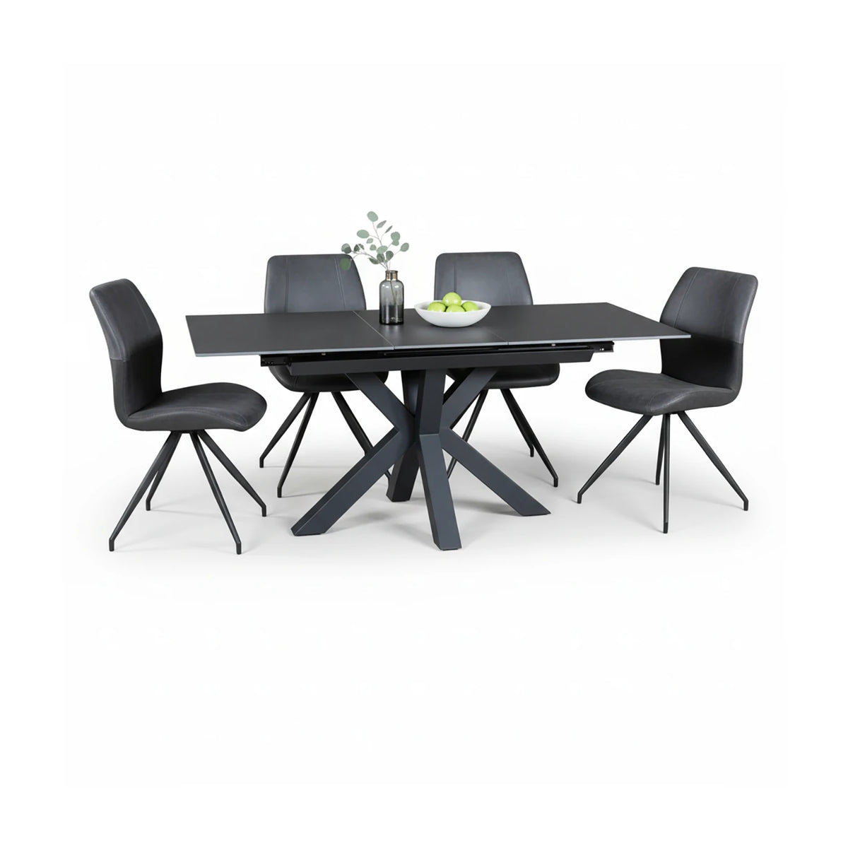 Kastonia Vik Dark Grey 1.4–1.8M Dining Table with 4 Swivel Chairs - Pendle Village Furniture