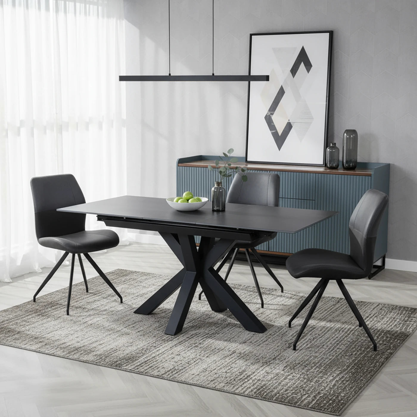 Kastonia Vik Dark Grey 1.4–1.8M Dining Table with 4 Swivel Chairs - Pendle Village Furniture
