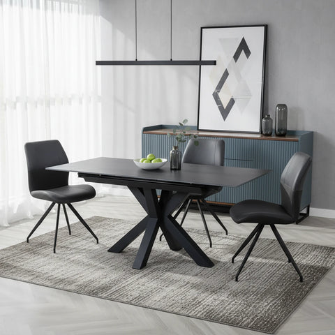 Kastonia Vik Dark Grey 1.4–1.8M Dining Table with 4 Swivel Chairs - Pendle Village Furniture