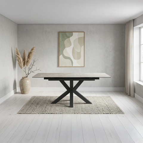 Kastonia 1.4M Kamaite Grey Ext Dining Table with 4 Quatro Swivel Chairs