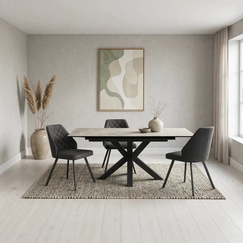 Kastonia 1.4M Kamite Grey Sintered Stone Ext Dining Table with Palermo Dining Chairs