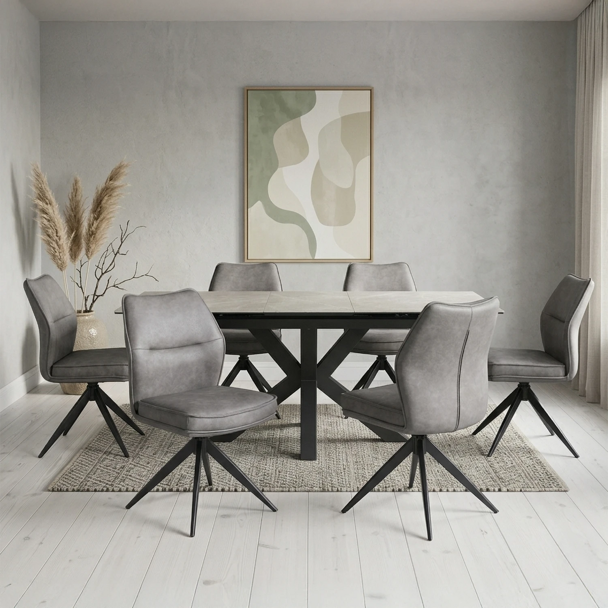 Kastonia 1.4M Kamaite Grey Ext Dining Table with 4 Quatro Swivel Chairs