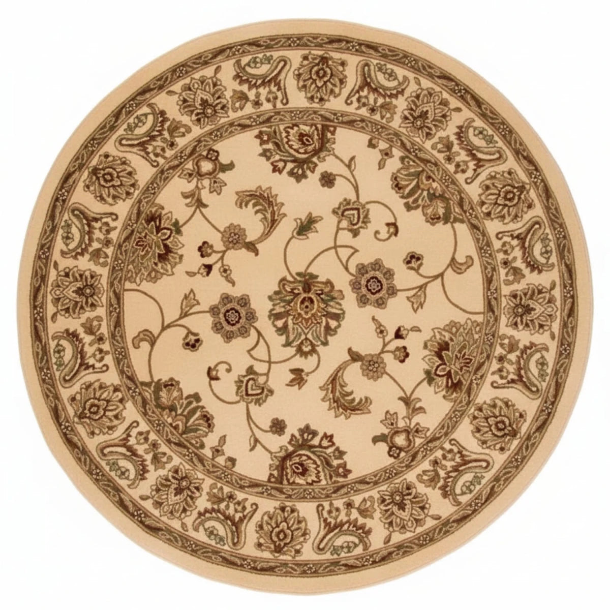 Kellan Agra round cream rug with traditional design.