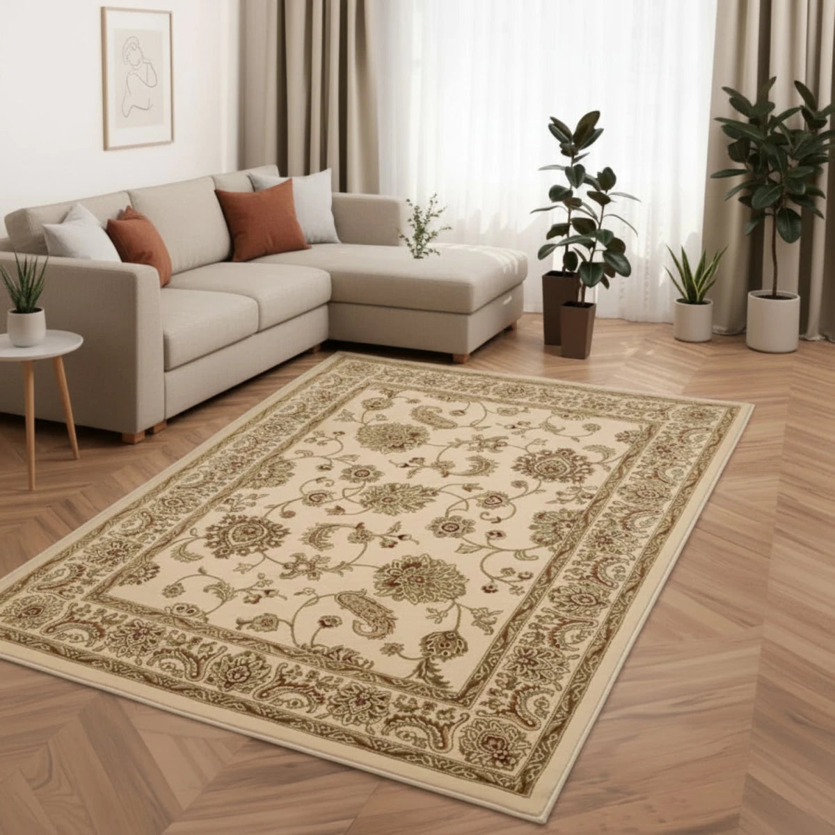 Kellan Agra cream rug with traditional patterned design.